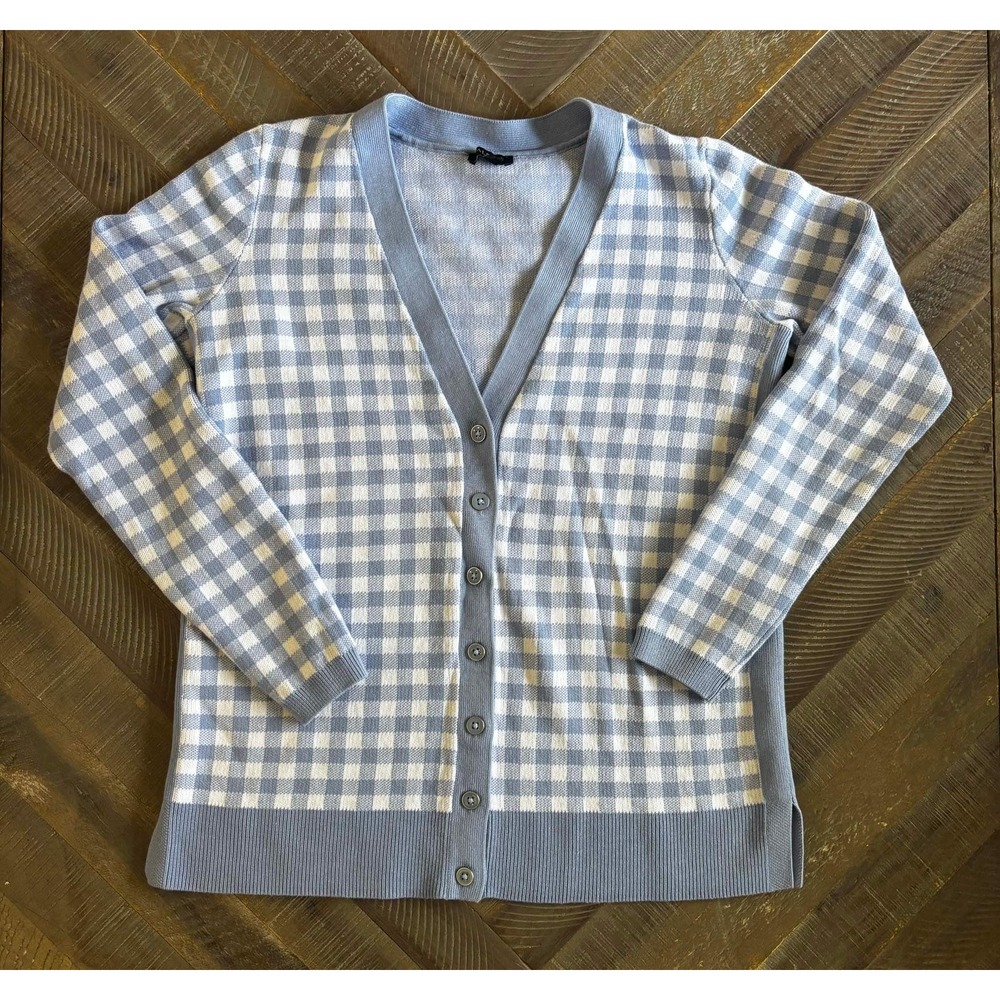 Talbots Petite Blue White Gingham Check V-Neck Cardigan Sweater Petite